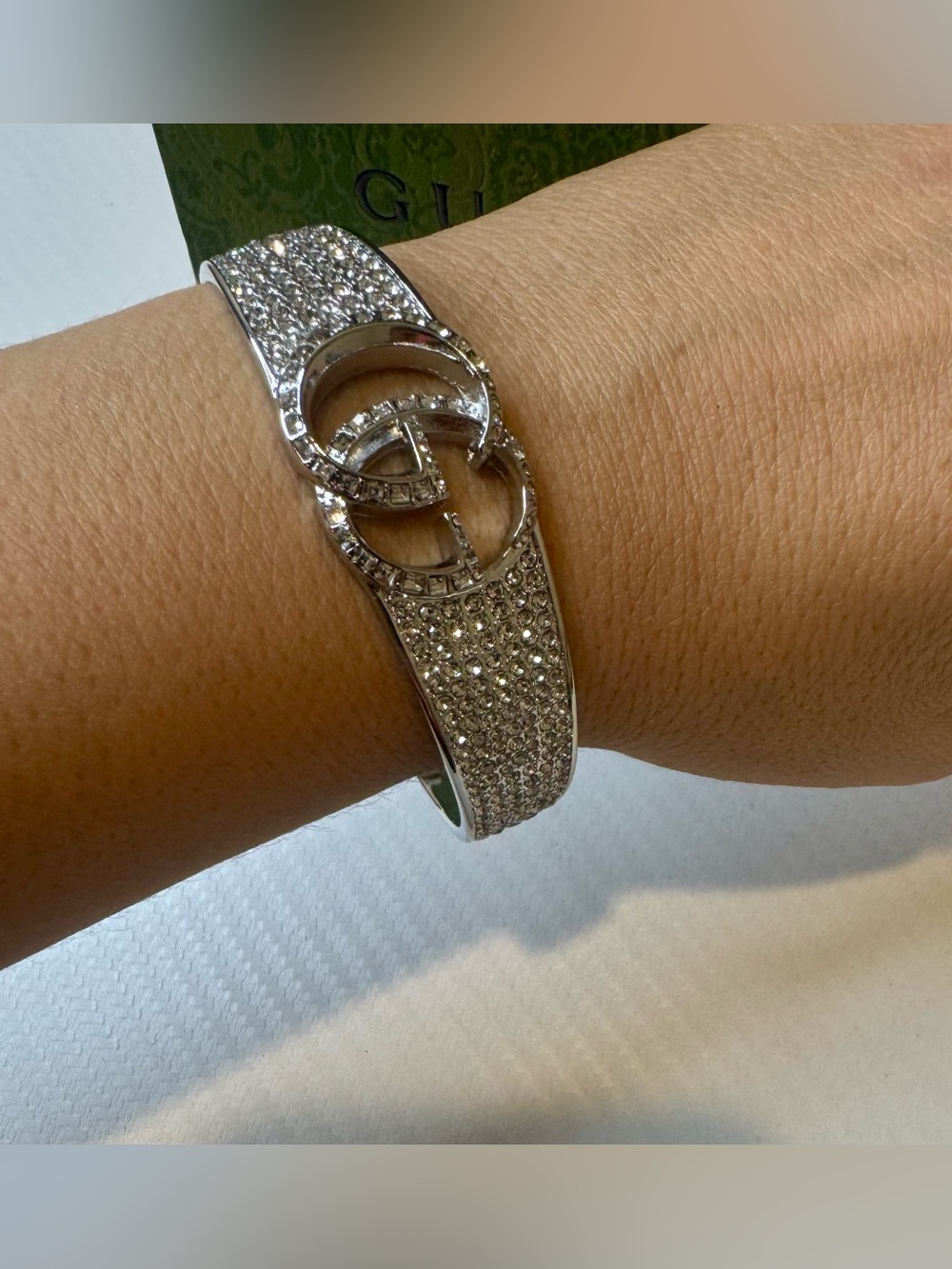 Gucci Silver Crystal Pavé Interlocking G Bangle Bracelet